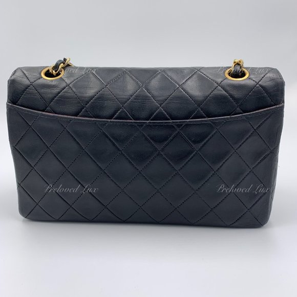 Authentic CHANEL Lambskin Double Chain Small Vintage Flap Black / Gold Hardware - Picture 7 of 17